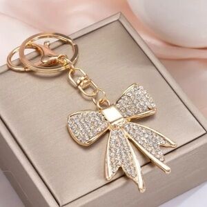 Gold Bow Purse Charm Keychain with Rhinestones